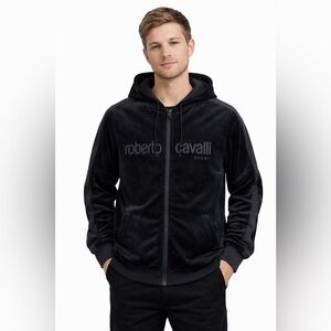 Roberto Cavalli Sport Black Velvet Velour Logo Zip Up Hoodie Jacket
